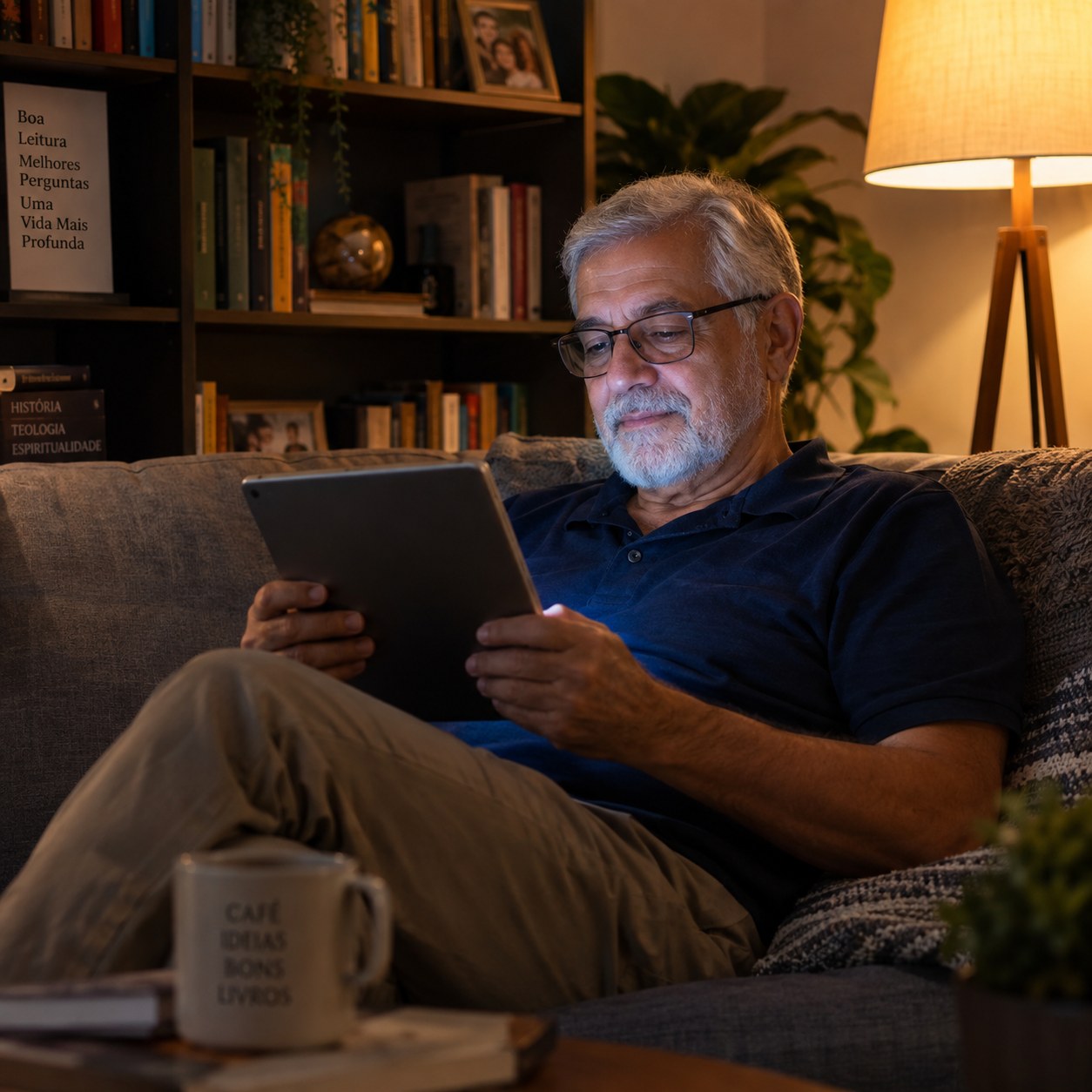 Leitor brasileiro lendo A Bíblia Etíope Completa no tablet em casa