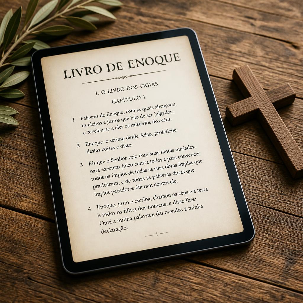 Exemplo de página interna da edição, com o Livro de Enoque aberto no tablet